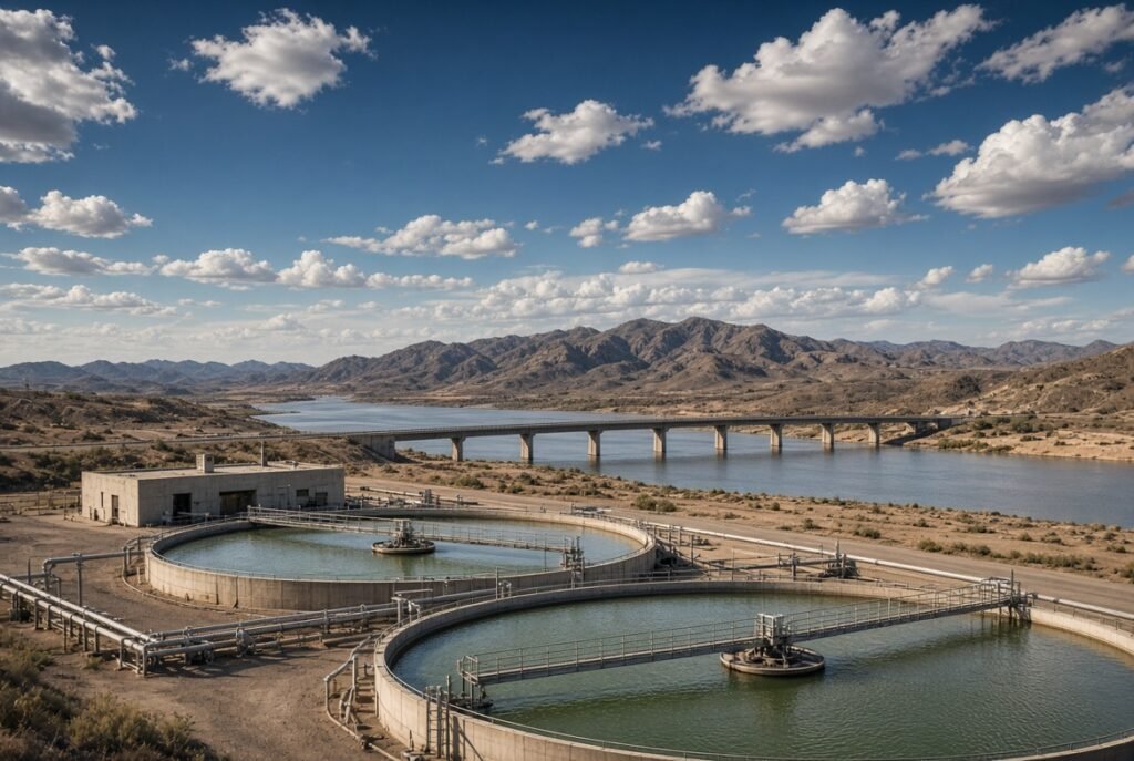 A bridge or water plant under open sky.