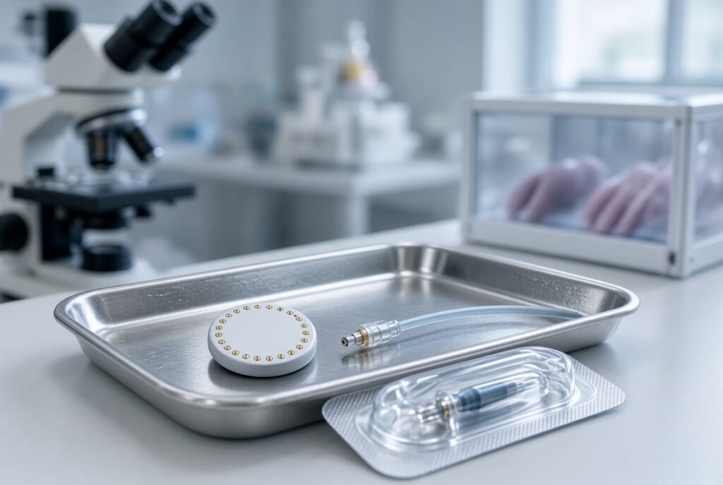 A medical sensor or implant in a clean lab.
