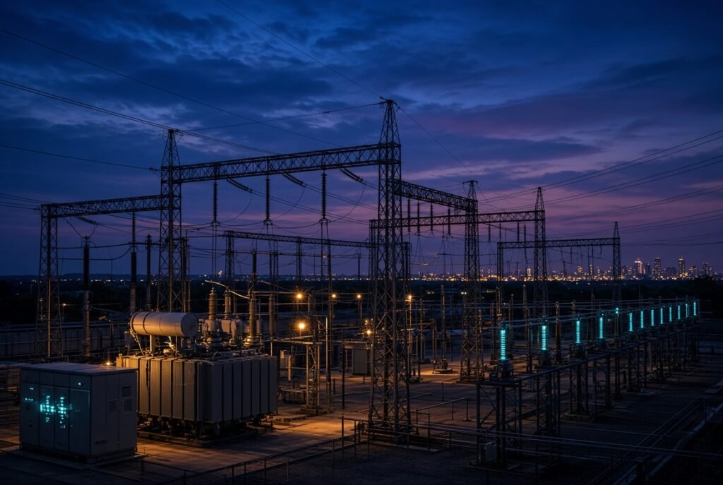 A self-healing smart grid at dusk.
