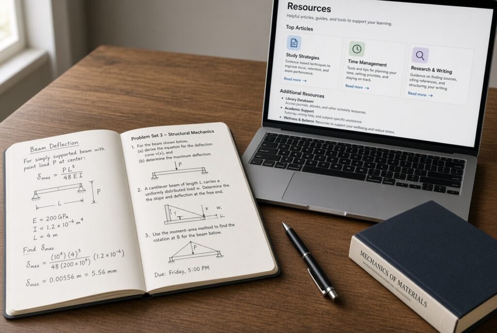 A student studying with an open workbook and a laptop.