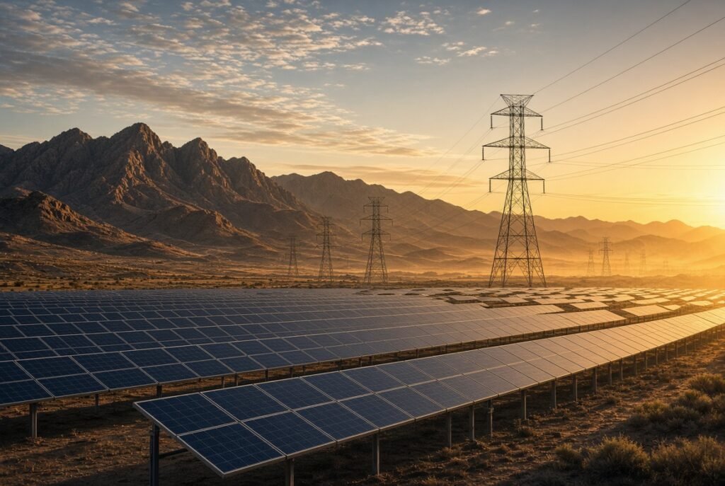Solar panels and power lines at golden hour.