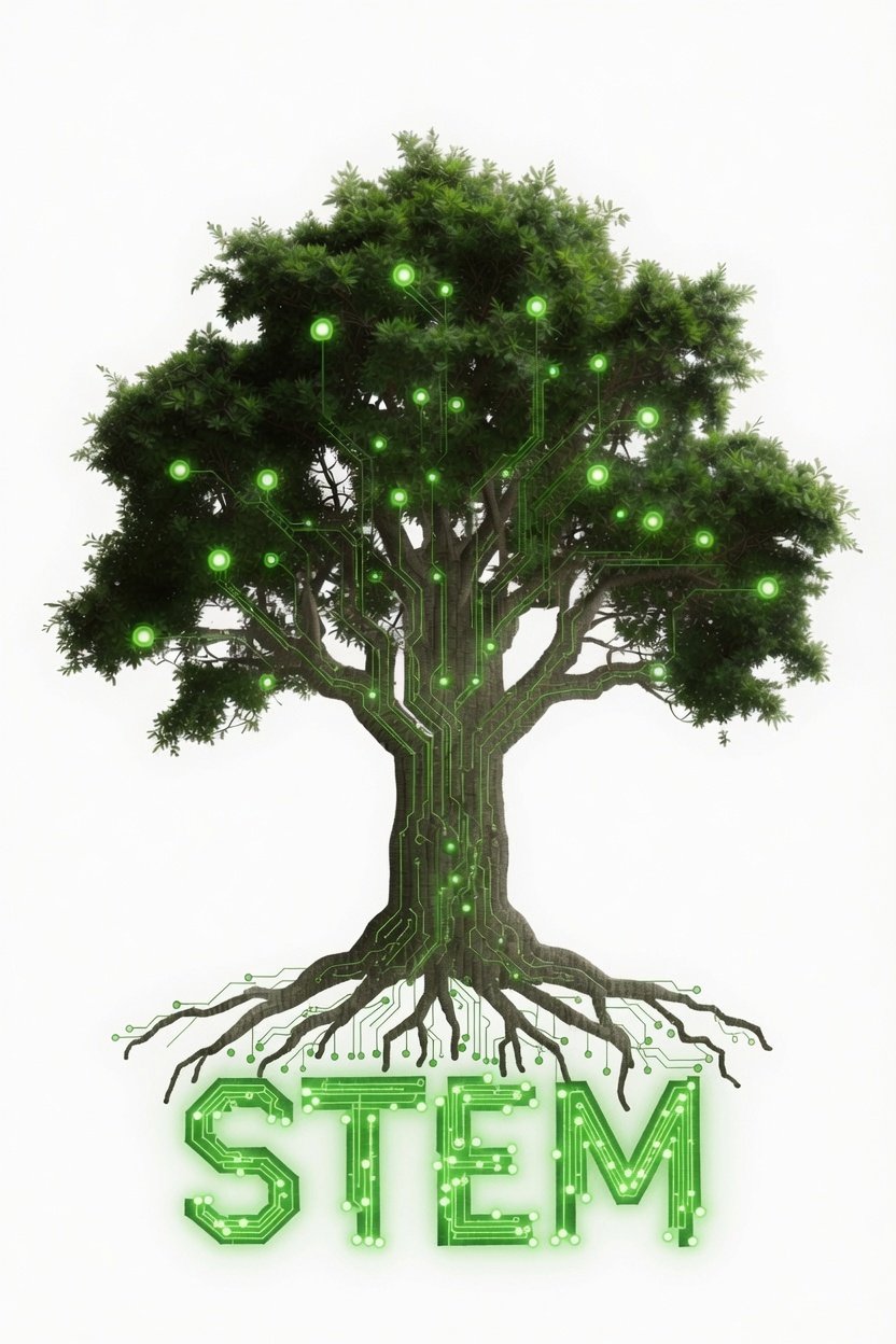 A tree with glowing green circuit traces running from its roots up through the trunk and branches to bright nodes in the canopy, spelling the word STEM at the base